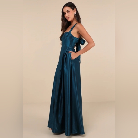 Lulus Immaculate Aura Shiny Dark Teal Taffeta Maxi Dress With Pockets S Wedding - Picture 4 of 11